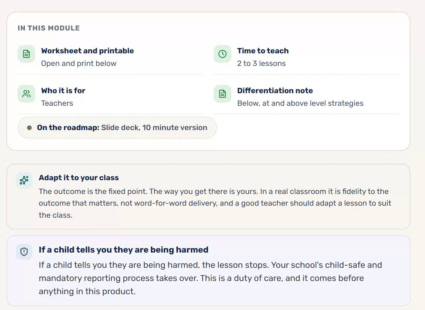 Inside a Friendly Schools lesson: what is in the module, how long it takes, who it is for, a differentiation note, an adapt it to your class panel, and a duty of care panel headed If a child tells you they are being harmed
